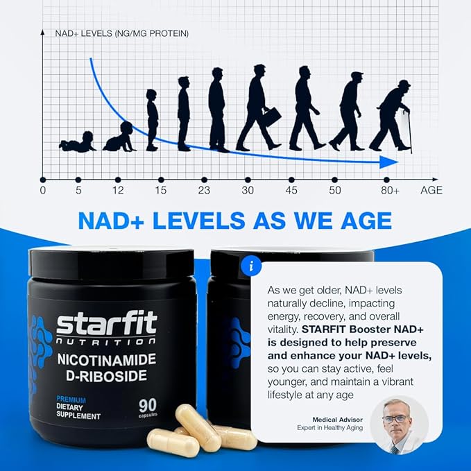 STARFIT - Nicotinamide D-Riboside Booster NAD+ Energy &amp Focus Supplement Anti-Aging Cellular Support 90 Capsules