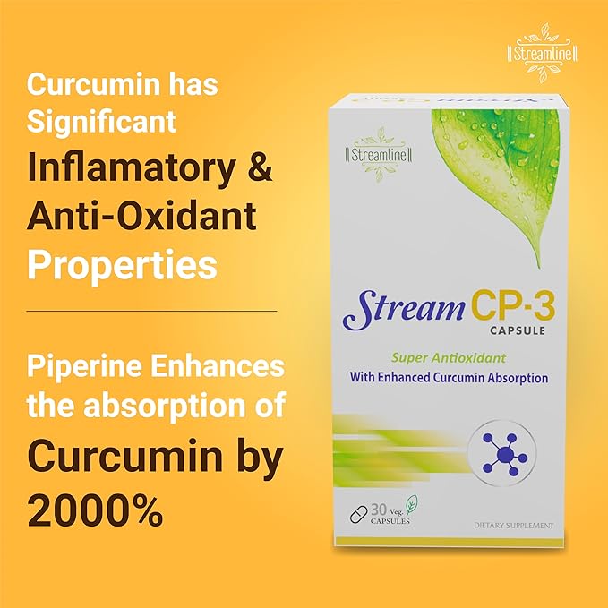 Streamline Stream CP-3 Curcumin Capsules with Piperine | Antioxidant &amp Anti-inflammatory Properties | Ayurvedic Bone &amp Joint Support | Overall Wellness | Curcumin 400Mg | 30 Veg Capsules | Pac