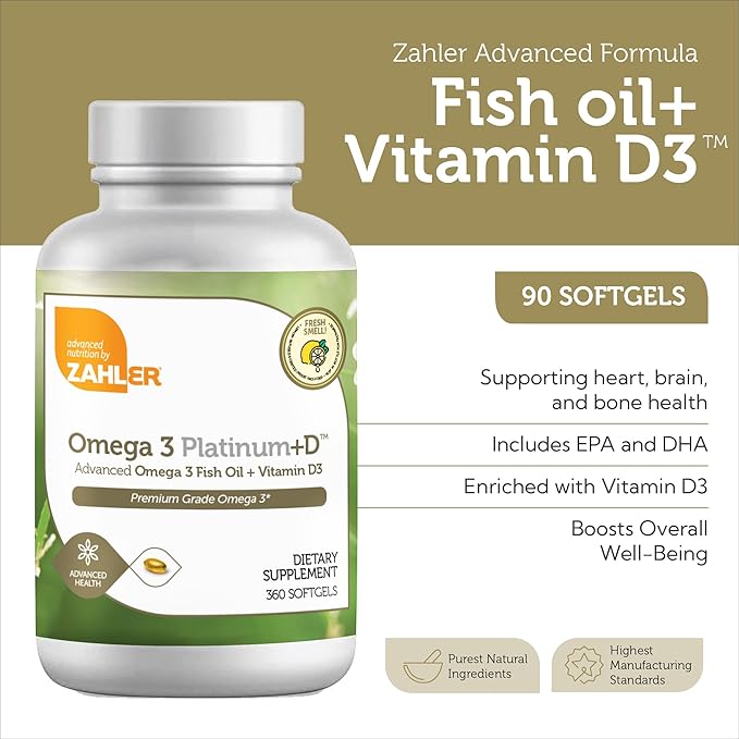 Zahler Omega 3 Platinum +D All-Natural Pure Fish Oil Supplement Burpless Softgel with No Fishy Aftertaste Highest in EPA and DHA Certified Kosher 360 Softgels