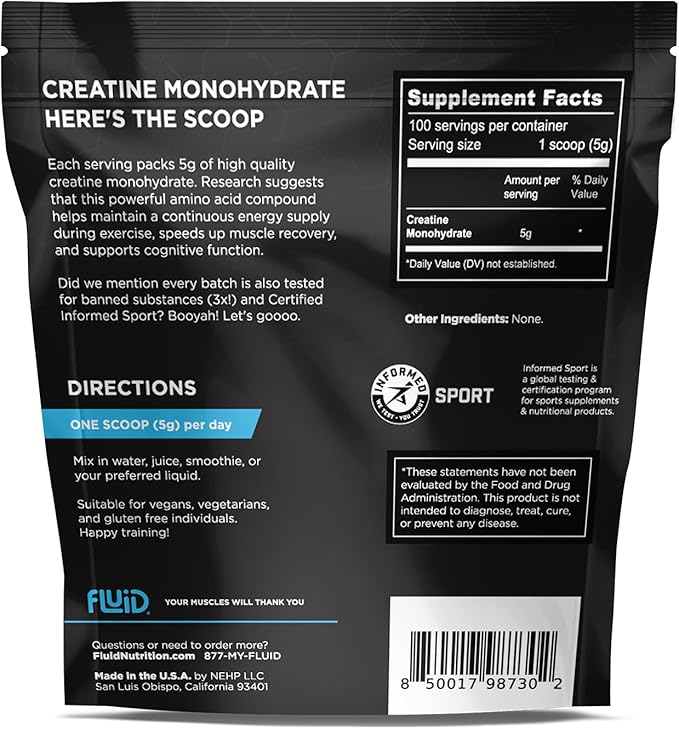 Fluid Creatine - Informed Sport Certified | Ultra-Fine Micronized 100% Creatine Monohydrate Powder | Unflavored | 5g Serving | 100 Serving Bulk Pack