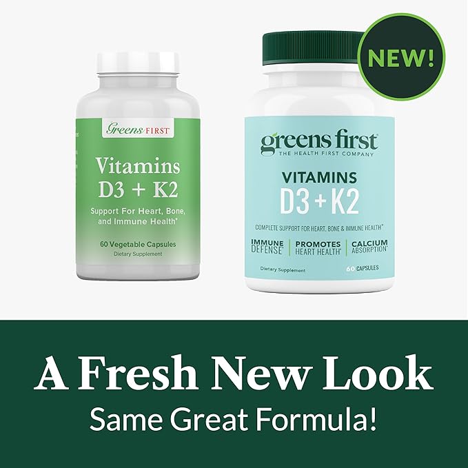 Greens First Vitamins D3+K2 - Support for Heart Bone Vascular and Immune Health - Made with Vitamin D3 &amp Vitamin K2-60 Vegetable Capsules