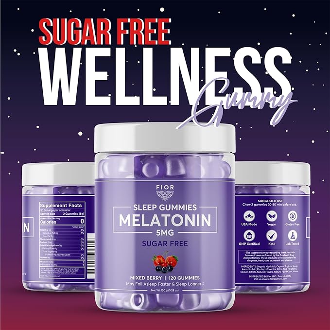 FIOR Sugar Free 120-Count Sleep Aid &amp Calm Gummies Melatonin Gummies Sleep Aids for Adults &amp Kids. Gummy Vitamins for Sleep. Adults &amp Kids Melatonin &amp L-Theanine Gummies Natural Herba
