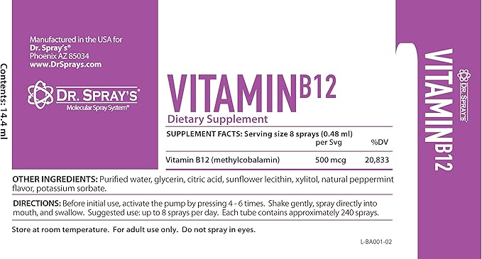 Vitamin B12 Vegan Mint Flavored Spray 30-Day Supply 0 Sugar by Dr. Spray's ®