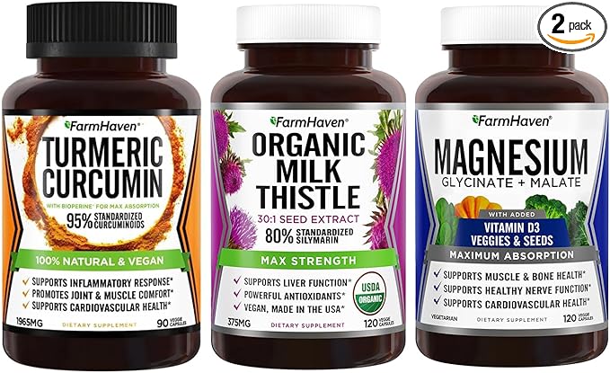 FarmHaven Milk Thistle Capsules + Turmeric Curcumin with BioPerine Black Pepper Magnesium Glycinate &amp Malate