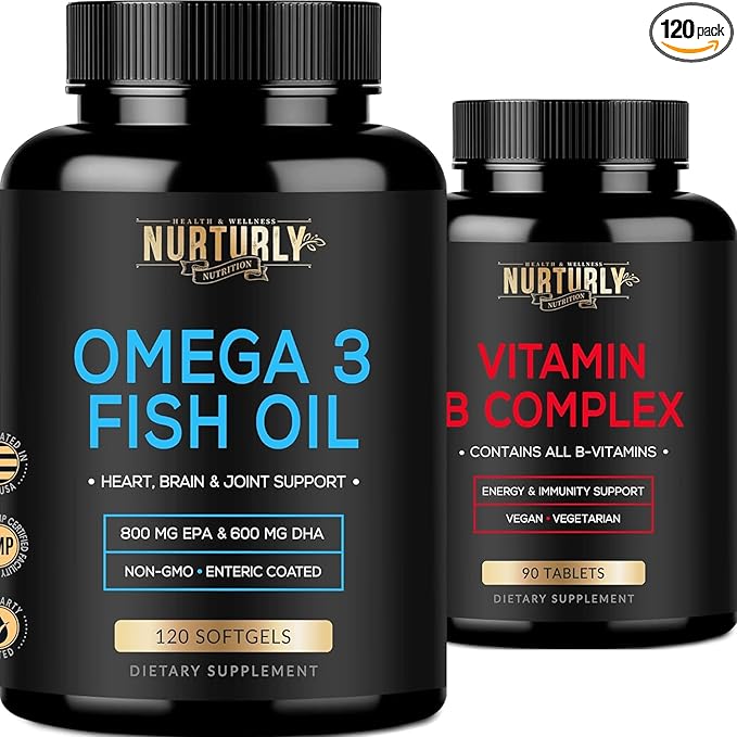 Vitamin B Complex and Omega 3 Fish Oil - B Vitamins B1B2B3B5B6B7B9B12 and Biotin – Fish Oil 2000mg 800mg EPA and 600mg DHA - Energy Immunity Joint Brain and Heart Health