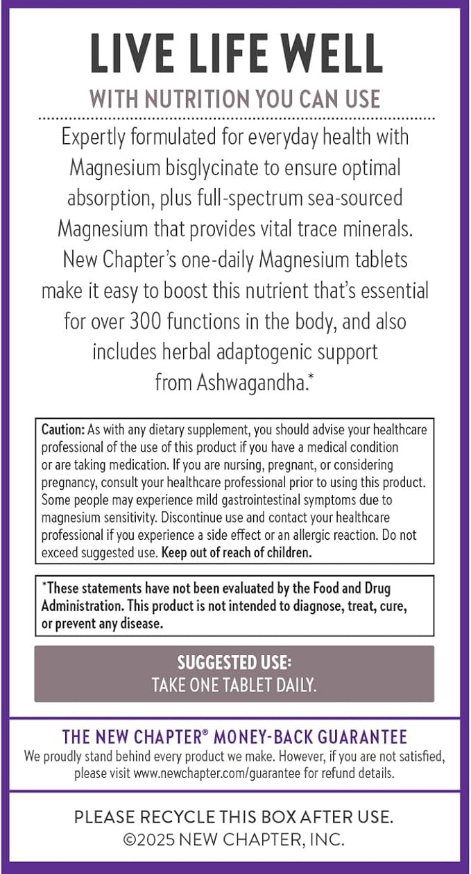 New Chapter Magnesium + Ashwagandha Supplement 325 mg with Magnesium Glycinate for Muscle Relaxation &amp Recovery Heart Nerve &amp Bone Health 2.5X Absorption Non-GMO - 90 ct (3 Month Supply)