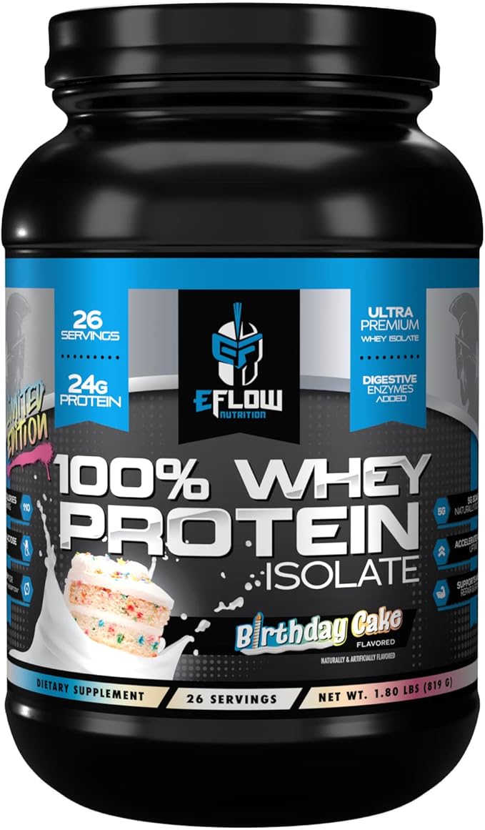 eFlow Nutrition 100% Whey Protein Isolate - Lactose-Free Digestive Enzymes Added Low Carb Post Workout Shake Fast Digesting for Optimal Muscle Recovery - Birthday Cake (26 Servings)