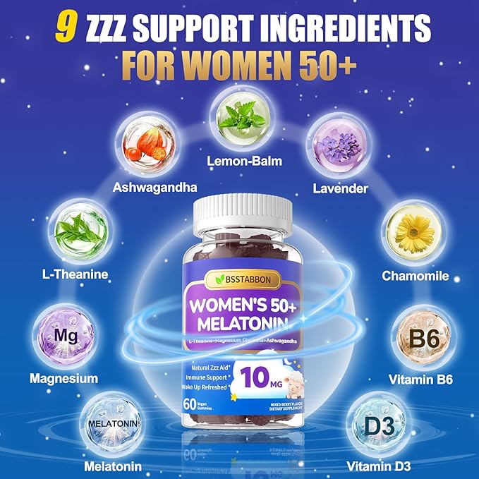Melatonin 10mg Gummies for Women Over 50: Maximum Strength Plus Magnesium Ashwagandha Elderberry L-Theanine Chamomile Lavender Vitamins D3 for Zzz - Non-Habit Forming for Women 50+(120Count)