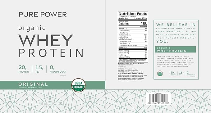 Dr. Mercola Pure Power Organic Whey Protein - 20 g Protein - Supports Muscle Growth &amp Energy - Grass-Fed Whey Concentrate - 15 Servings (20.60 oz) - Original
