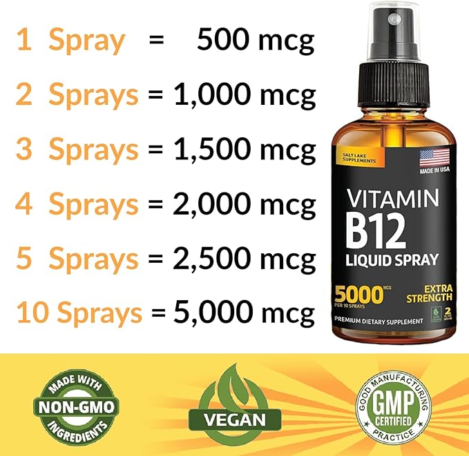 (2 Pack) - Liquid B12 Spray 5000 mcg - Vitamin B12 Sublingual - Vegan B12 Vitamin Spray - Methylcobalamin Vitamin B12 Liquid Boosts Energy &amp Mood - Gluten-Free &amp Non-GMO