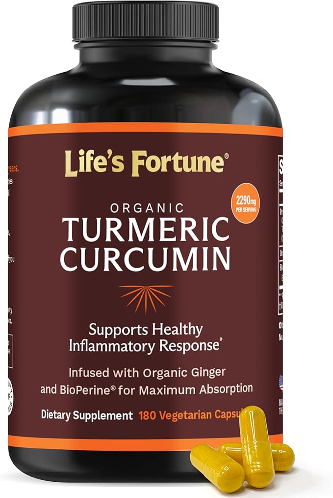 Life's Fortune Organic Turmeric Curcumin with Black Pepper and Ginger Enhanced Absorption Extra Strength Supplement Joint &amp Immune Support Non-GMO 180 Cap - 2250mg