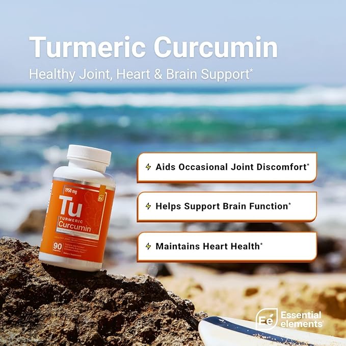 Essential Elements Turmeric Curcumin - Joint Heart &amp Brain Support - with BioPerine for Optimal Absorption 1950 mg - 90 Count - 30 Servings