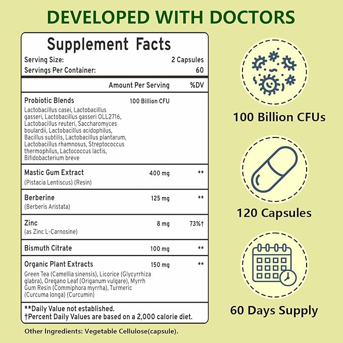 Helicobacter Pylori Defense Probiotics – Formulated with Lactobacillus reuteri Mastic Gum and Berberine 100 Billion CFU Gastritis Digestion &amp Gut Health for Stomach Comfort Vegan 120 Capsul