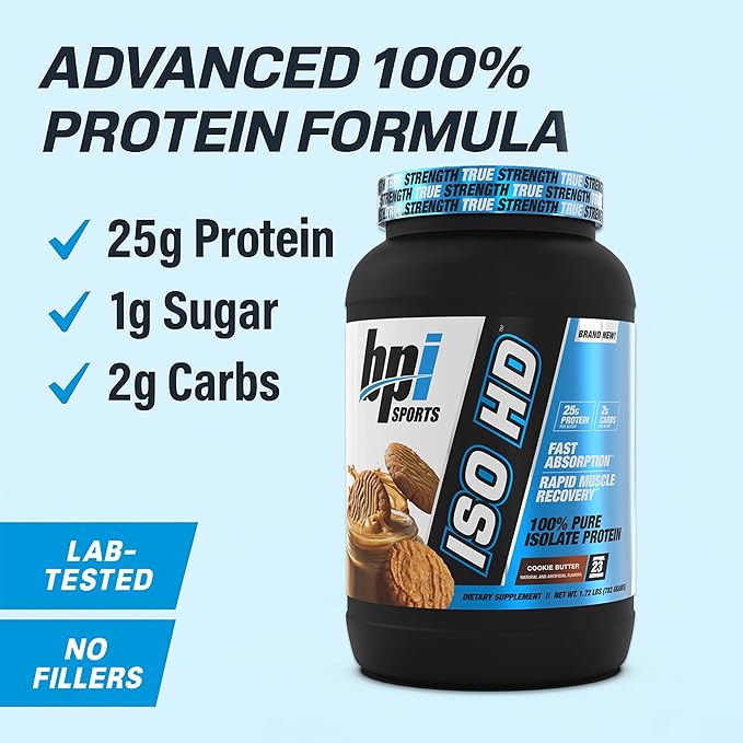 BPI Sports ISO HD Isolate Protein Powder – 100% Whey Isolate Protein Powder for Muscle Gain - Cookie Butter - 1.6 Lb - 23 Servings