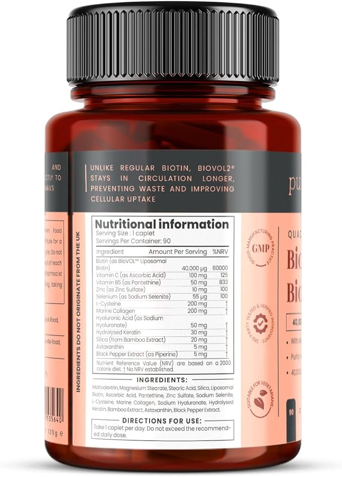 pureclinica 400% Strength Biotin 40000mcg x 180 Caplets (2 Bottles of 90) – BioVOL²® Liposomal Biotin Complex | with Marine Collagen Keratin Vitamin C &amp More | 6 Months Supply