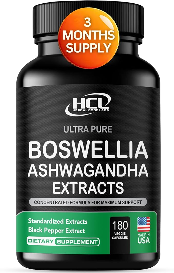 Boswellia Extract and Ashwagandha Capsules 2000 mg - Strong Natural Support Pills 3 Month Supply - Consentrated Boswellia Serrata 65% Boswellic Acid with Ashwagandha Powder Supplement