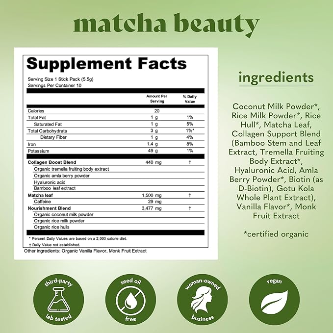 Copina Co. Matcha Beauty Vegan Collagen Booster Drink Blend: Plant Based Collagen Support Smoothie Drink Vegan Blend Variety Pack | Matcha Flavor | 10 Individual Stick Packs per Carton