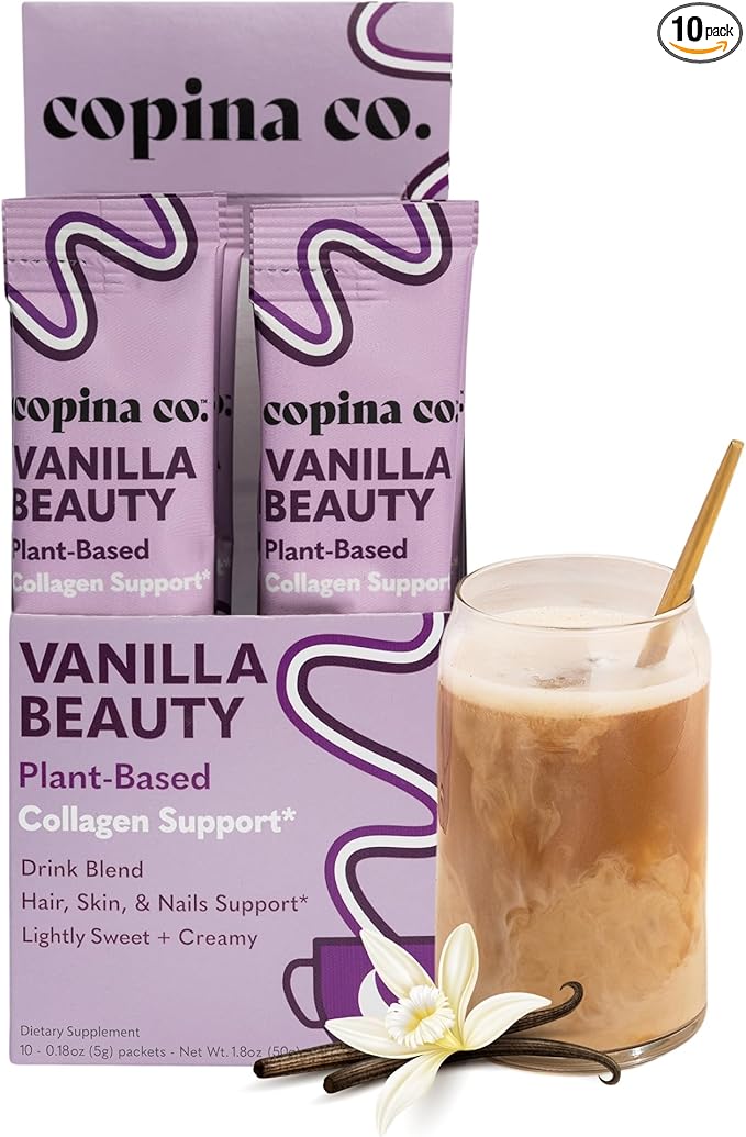 Copina Co. Vanilla Beauty Vegan Collagen Booster Creamer: Plant Based Collagen Support Smoothie Drink Vegan Blend Variety Pack | Vanilla Flavor | 10 Individual Stick Packs per Carton
