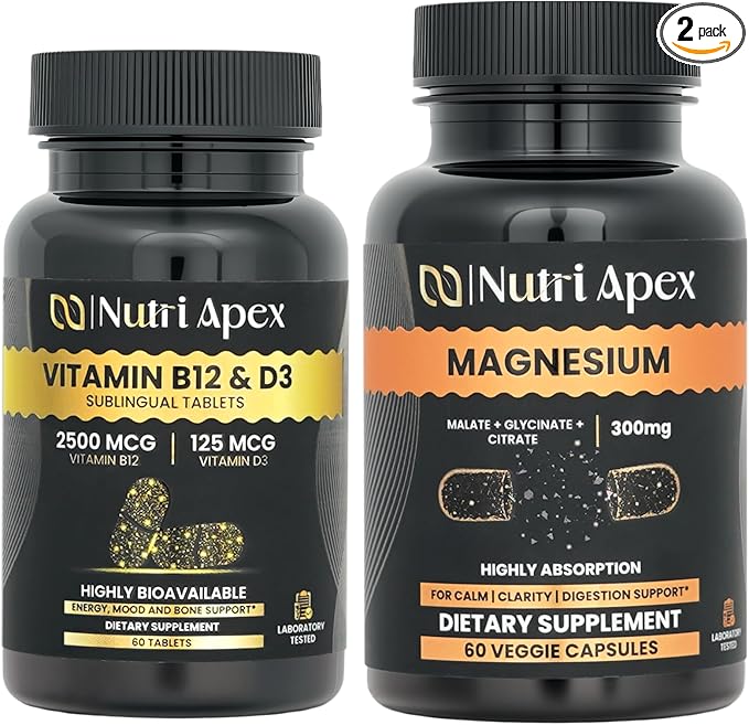 Vitamin B12 and D3 Plus Magnesium Complex Combo 2500 mcg B12 5000 IU D3 300 mg Magnesium Two Bottle Set Made in USA