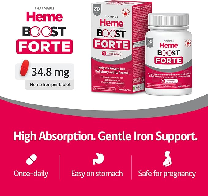 Hemeboost Forte 34.8 mg (696 mg Heme Iron Pills) High Potency Iron Supplement for Women &amp Men High Absorption &amp Gentle on Stomach Safe for Use in Pregnancy 30 Tablets