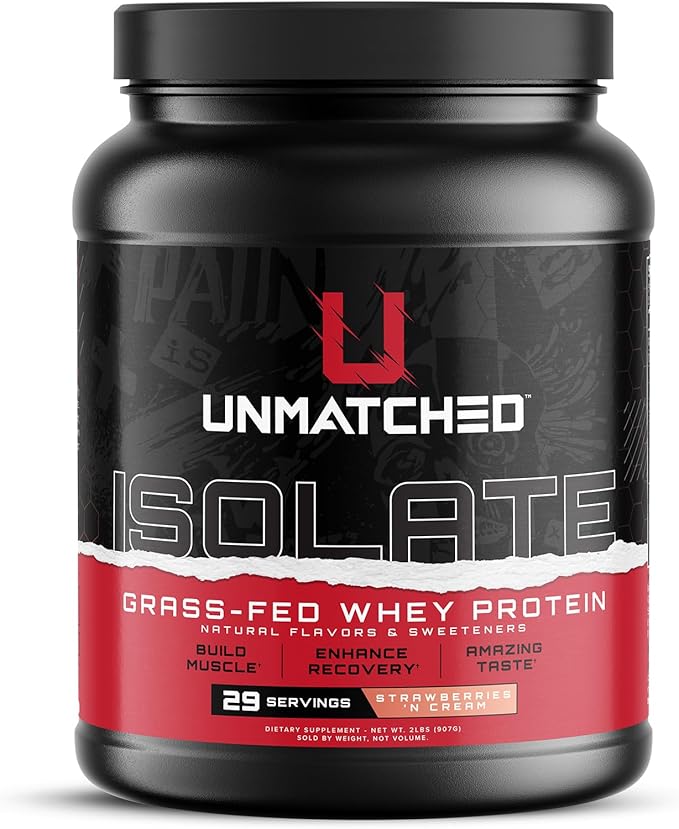 Unmatched Isolate Grass Fed Whey Protein | Muscle Build &amp Recovery | Gluten &amp Lactose Free | Natural Flavors &amp Sweeteners | 24g Protein | 29 Servings (Strawberries 'N Cream)