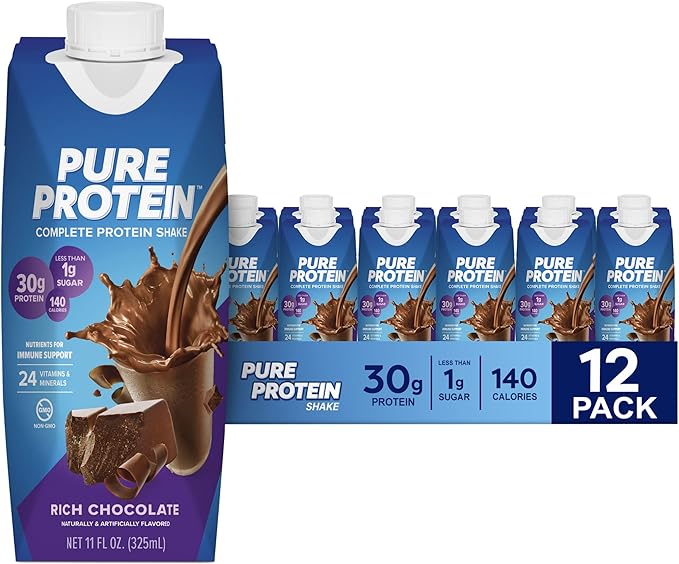 Muscle Milk Pro Advanced Nutrition Protein Shake Knockout Chocolate 11.16 Fl Oz Pack of 12 &amp Pure Protein Chocolate Protein Shake 30g Protein 11oz Bottles 12 Pack