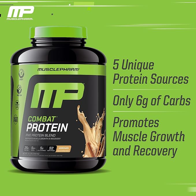 Muscle Pharm Combat Protein Powder Horchata Flavor Fuels Muscles for Productive Workouts 5 Protein Sources Including Whey Protein Isolate &amp Egg Albumin Gluten Free 4 lb 52 Servings