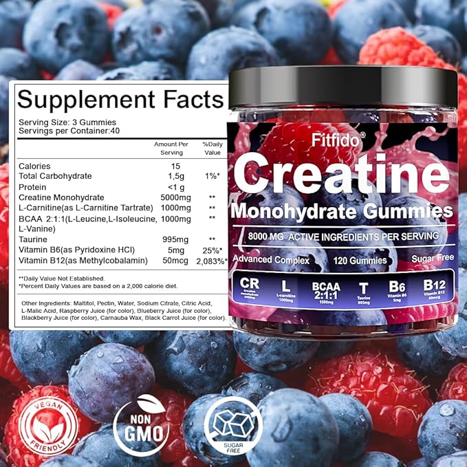 Creatine Monohydrate Gummies Complex 8000mg for Men and Women Containing L-carnitine &amp Taurine Build Muscle Boost Energy Faster Recovery Sugar Free &amp Vegan Raspberry &amp Blackberry 12
