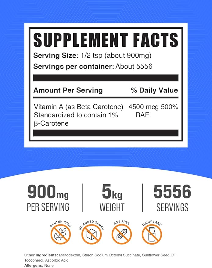 BulkSupplements.com Beta Carotene Powder - Beta Carotene Supplement Vitamin A Supplement for Immune and Vision Support - Gluten Free 900mg per Serving 1kg (2.2 lbs) (Pack of 5)