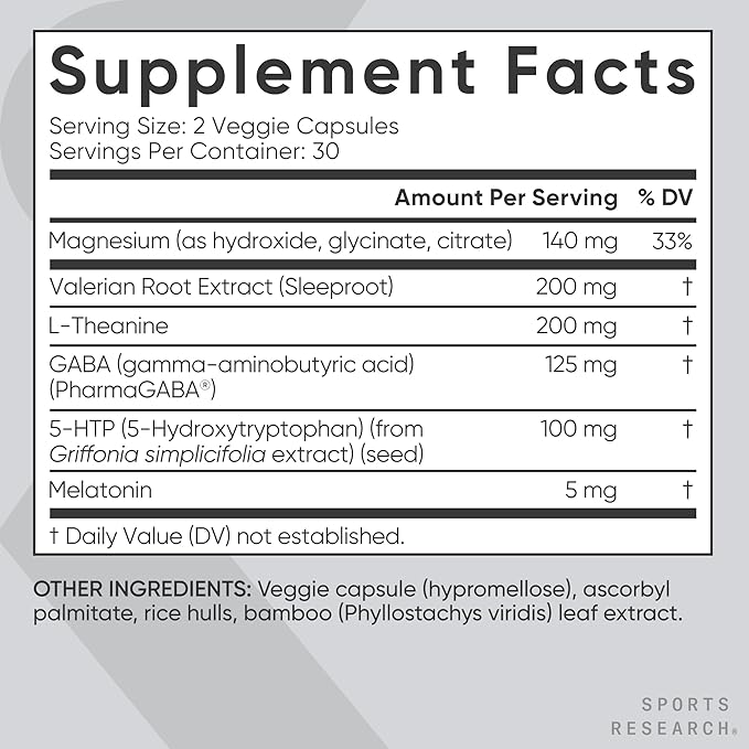 Sports Research® Sleep Complex with Melatonin 5mg L-Theanine 200mg &amp Magnesium - Supports Restorative Sleep &amp Relaxation - Vegan Certified · Non-GMO · Gluten Free - 60 Veggie Capsules