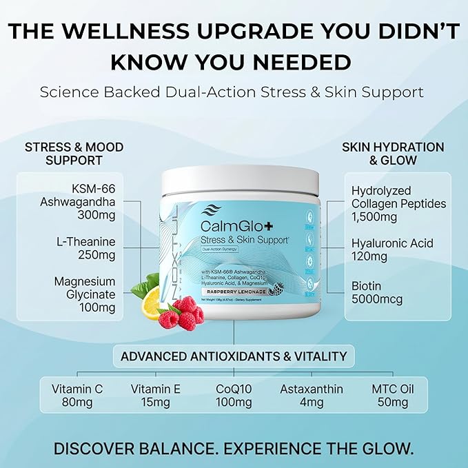Daily Stress &amp Skin Support Drink Powder – Adaptogen Cortisol Reducer with Ashwagandha KSM-66 L-Theanine Magnesium &amp Collagen Peptides – Mood Focus &amp Hydration - Raspberry Lemonade 30