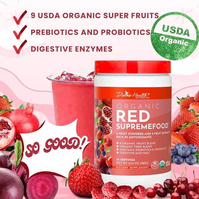 Dr. Colbert MD Organic Red Supremefood | Berry Flavored Blend | by Divine Health | 10 Organic Fruits | Probiotics | Enzymes | Herbs | Fiber | Antioxidants | Non-GMO | 30 Day Supply | 180g