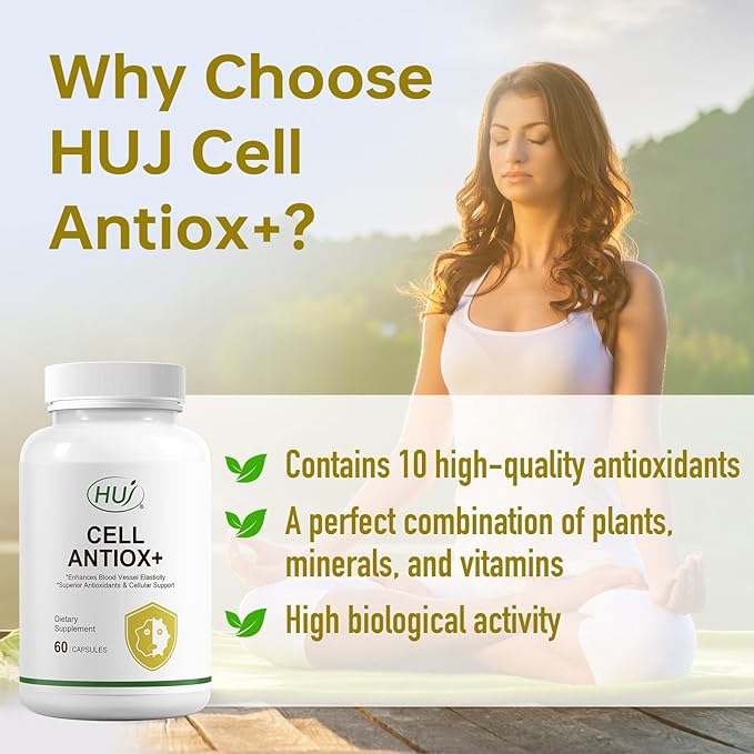 HUJ Cell Antiox+ Supplement - Superior Antioxidants &amp Cellular Support - Contains Grape Seed Extract Pomegranate Extract Resveratrol and Vitamins C and E - 60 Capsules