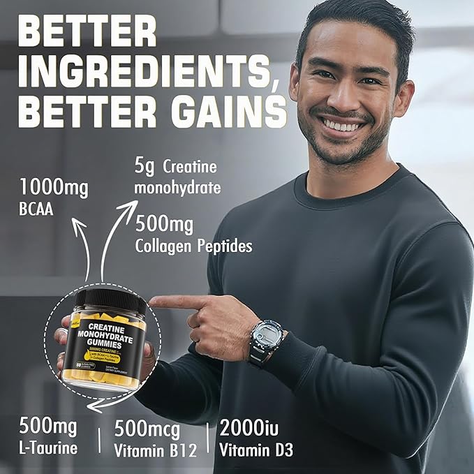 Creatine Monohydrate Gummies for Men &amp Women - with BCAA Collagen Peptides L-Taurine Vitamin B12 D3 Creatine Monohydrate 5000mg (5g) Per Serving Lemon Flavor Sugar Free 1 Pack