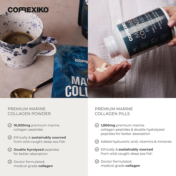 CORREXIKO Marine Collagen Supplement Pills &amp Powder Bundle - Includes 10000mg Double Hydrolyzed Collagen Powder 5oz &amp 1800mg Collagen Peptides 120 Capsules - for Hair Skin &amp Nails