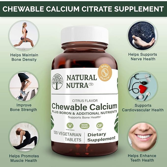 Natural Nutra Chewable Calcium Supplement for Bone Strength Promotes Muscle Health Helps Enhance Teeth Health Support Nerve Health and Cardiovascular Health Improve Bone Strength 120 Tablets
