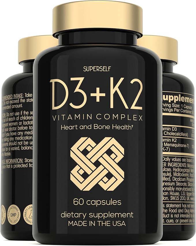 SuperSelf Vitamin D3 K2 Capsules - Vitamin D3 5000 IU and Vitamin K MK7 100mcg - 60 Capsules - USA Made Vegetarian Vitamin D Supplement - High Strength VIT D for Bones Muscle Teeth Immune System