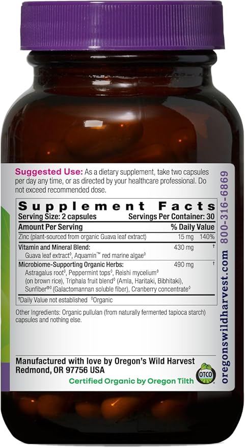 Oregon’s Wild Harvest Zinc – USDA Certified Organic Vegan Capsules for Immune Support with Microbiome-Supporting Herbs – Non-GMO 60 Count