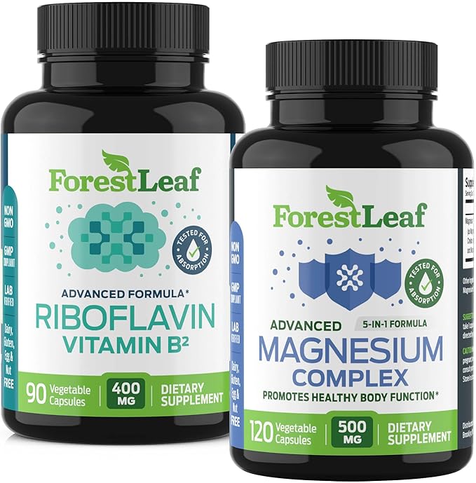 ForestLeaf Riboflavin &amp Magnesium Migraine Supplement - Riboflavin 400mg for Headache Relief - Ultimate Magnesium Bundle with B2 Vitamin 400mg for Headache Migraine Relief Capsules