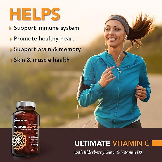 OmniBiotics Ultimate Vitamin C Supplement 2000mg – with Zinc Elderberry Extract and D3 – High Potency Immune Support &amp Collagen Booster – 120 Vegan Tablets