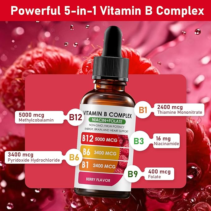 Vitamin B12 Complex with B1 B6 Vitamin B12 Raspberry Liquid Supplement Essential Vitamin 5-in-1 Vitamin B Complex Liquid Drops Brain Function Focus and Natural Energy Support (2PCS)
