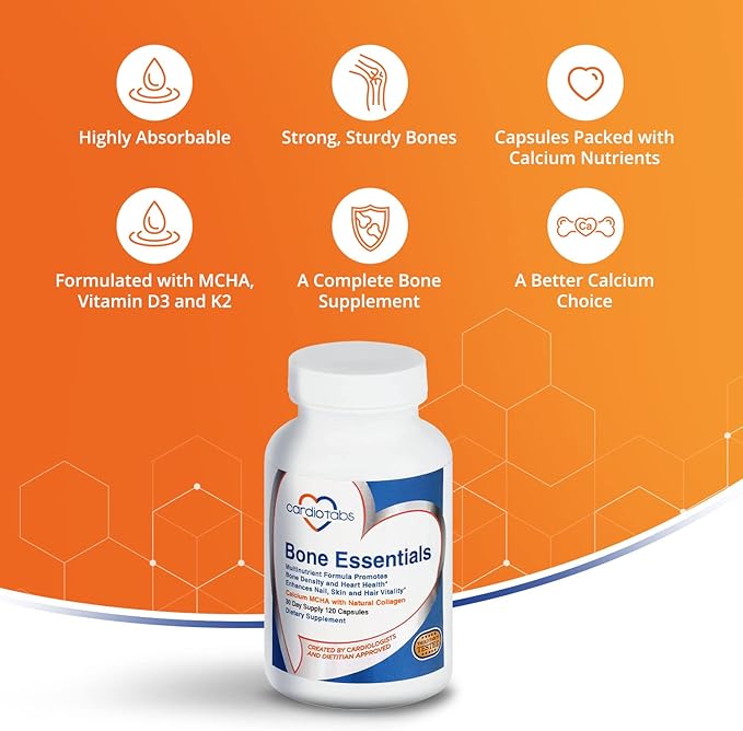 Bone Essentials with MCHA &amp Collagen Calcium Supplement w/Calcium Hydroxyapatite for High Absorption Bone Density and Heart Supplement w/Vitamins Minerals &amp Proteins 120 Capsules