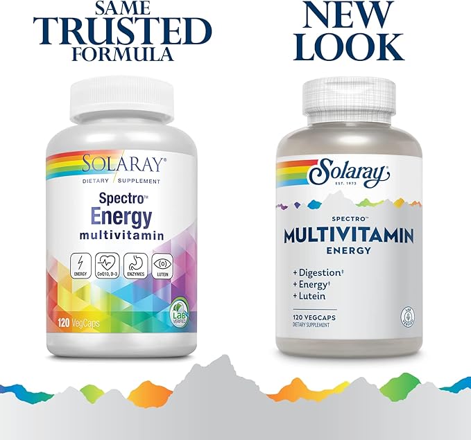 SOLARAY Spectro Energy Multivitamin for Women and Men - Cellular Energy Digestion Eye Health and Immune Support - w/Vitamin A Vitamin B Complex CoQ10 Iron Enzymes Lutein - 30 Serv 120 VegCaps