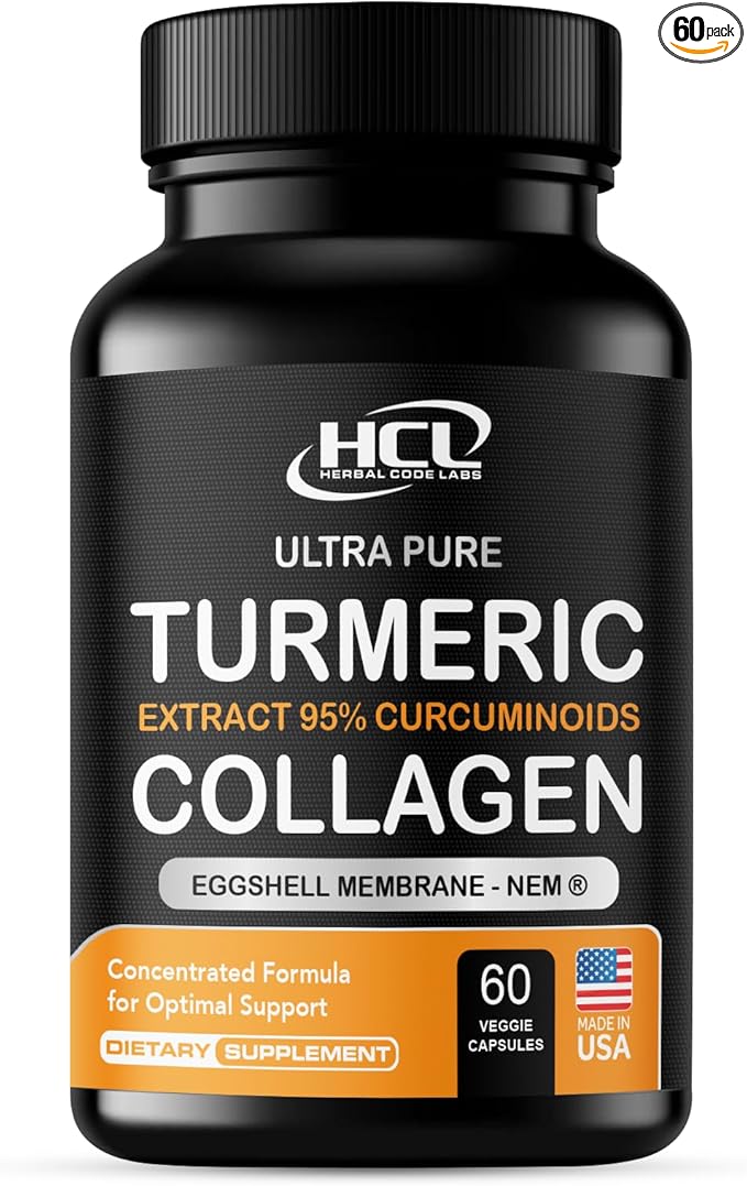 Turmeric Curcumin 95% Extract &amp Collagen Capsules - NEM Promotes Knee Comfort &amp Flexibility - Eggshell Membrane w Naturally Occurring Glucosamine Chondroitin Hyaluronic Acid- Made in USA
