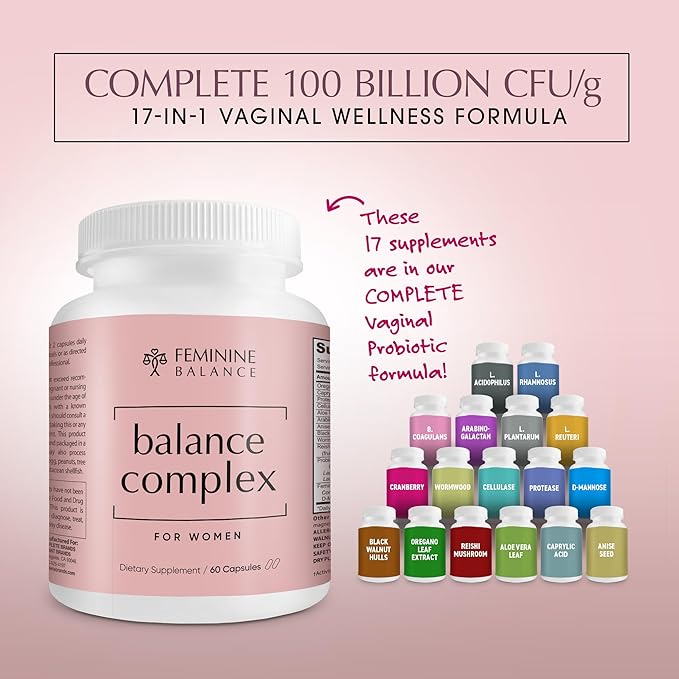 Balance Complex 17-in-1 Vaginal Health 100 Billion Probiotics for Women pH Balance with Cranberry &amp D-Mannose | Promote Urinary Tract Health for Vaginal Odor &amp Vaginal Flora 60 Capsules (Pack