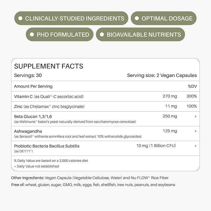 Defend Immune &amp Gut Support – Spore Probiotic DE111® Beta Glucan Ashwagandha – Supports Immunity Gut Health Stress &amp Bloating Relief Supplement – 60 Capsules