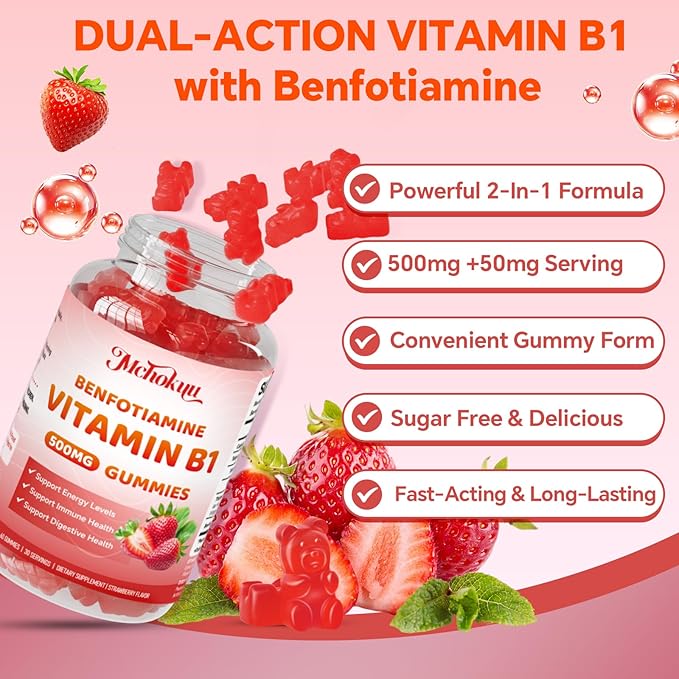 Vitamin B1 Gummies 500mg with Benfotiamine | High Potency Thiamine Supplement for Women &amp Men Energy Support | Sugar Free Vegan Non-GMO | Natural Strawberry Flavor 120 Count