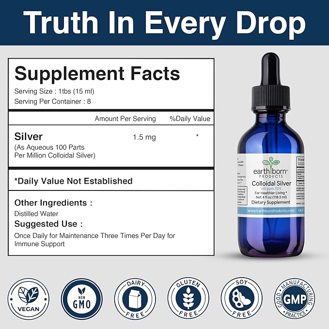 Earthborn Colloidal Silver Liquid (4oz) - 100PPM Pure Monatomic Silver Water - 99.9% Natural Nano Silver Liquid Supplement for Immune Support* Non-GMO Glass Bottle | Made in USA