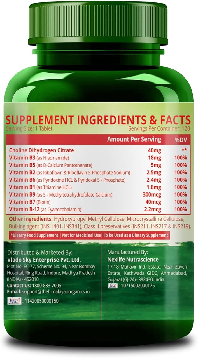 Himalayan Organics Vitamin B Complex with 100% RDA B1 B2 B3 B5 B6 B9 &amp B12 | 120 Veg Tablets