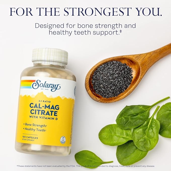 SOLARAY Calcium &amp Magnesium Citrate 2:1 Ratio w/Vitamin D-3 Healthy Bones Muscle &amp Nervous System Support High Absorption 180 Capsules